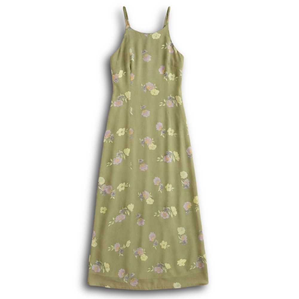 Vintage American Eagle Floral Maxi Dress Green Rayon 90s Boho Halter Size 12
